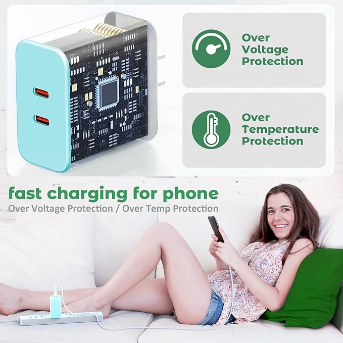 USB C Charger Block, 40W Dual Port Fast Charger 20W Type C Charging Block 3.1A USB Wall Charger Dual Port PD+QC Charging Cube for iPhone 15 16 14 13 12 11 Pro Max XS, iPad, Samsung Phone-Green
