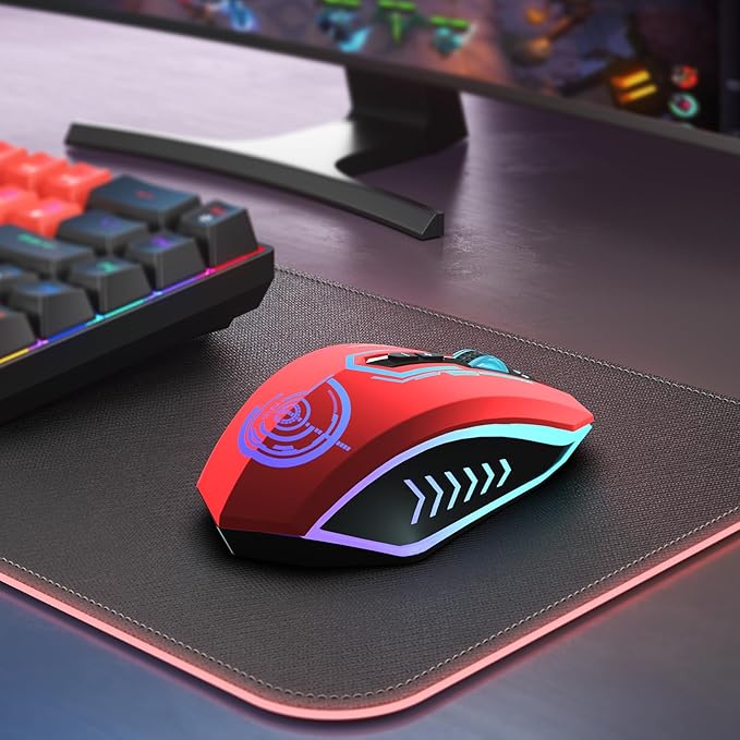 UHURU Gaming Mouse, Wireless Gaming Mouse with 7 Buttons 7 Changeable LED Color up to 12000 DPI, Rechargeable USB Gamer Mouse for PC Laptop (Red)
