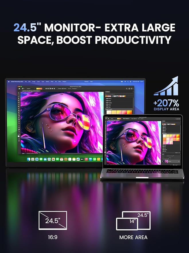 UPERFECT Portable Monitor, 24.5" 2K 165Hz 500Nits 0.1ms FreeSync HDR IPS Gaming Monitor with Stand VESA USB-C Mini HDMI, Large Second Screen for Laptop, Computer, Phone, Mini PC, Game Consoles
