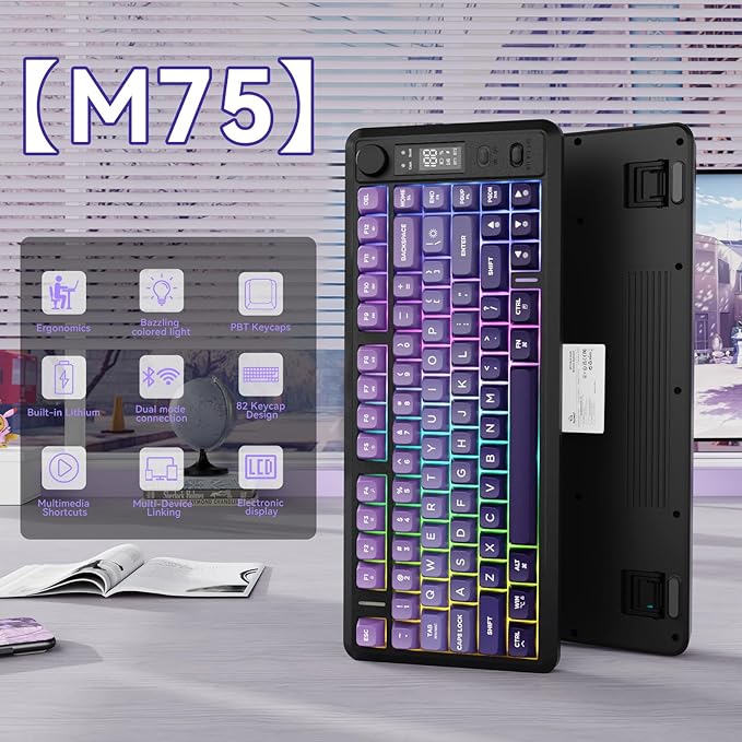 ZIYOU LANG M75 Wireless Gaming Keyboard, RGB Backlit Rechargeable 2000mAh Battery, Small Membrane But Mechanical Feel Keyboard with Smart Display & Knob, PBT Gradient keycaps for PC, MAC-Grape Purple
