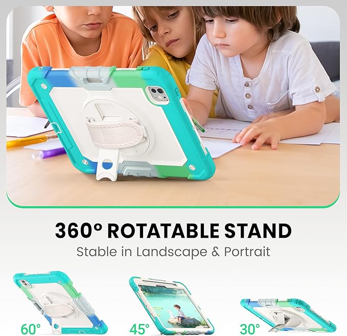 SEYMAC for iPad Pro 11 Inch Case M5 2025 / M4 2024, Heavy Duty Shockproof Protective Case with Screen Protector, 360° Rotating Stand, Hand/Shoulder Strap and Pen Holder, Colorful Blue