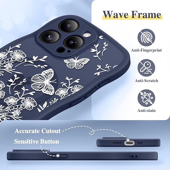 GVIEWIN for iPhone 15 Pro Case Compatible with MagSafe [Curly Wave Edge][Full Camera Protection] Floral Translucent Shockproof Magnetic Women Phone Case for iPhone 15 Pro 6.1'', Tuberose/Blue