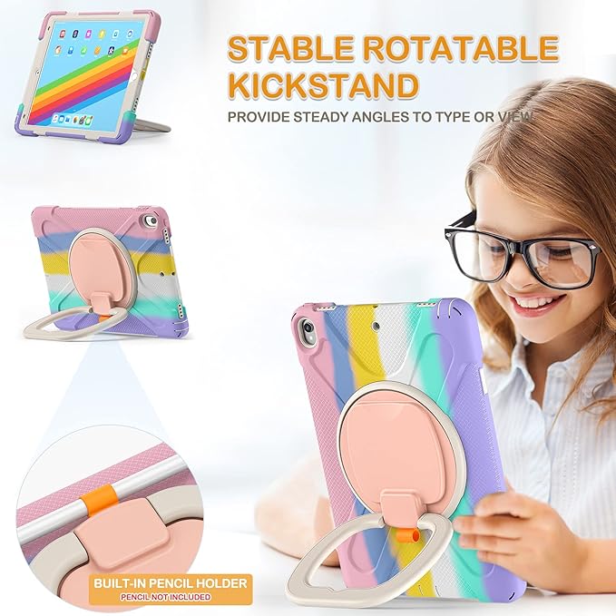 BRAECN iPad Air 3 10.5" 2019 Case, Protective Silicone Case with Hand Grip, Pencil Holder, Kickstand, Shoulder Strap for iPad Air 10.5" (3rd Gen)/iPad Pro 10.5 Inch-Colorful Pink