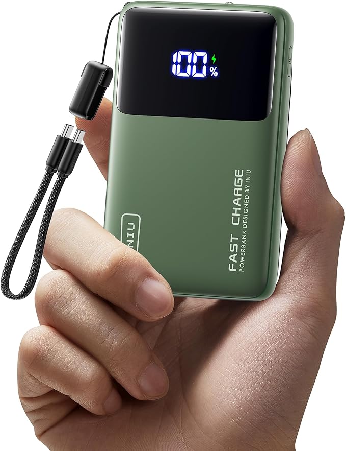 INIU Portable Charger, Compact 45W Fast Charging Power Bank, 10000mAh USB C Battery Pack with Cable & Stand, TSA Travel Phone Charger for iPhone 17 16 15 14 Pro Max, Samsung S26, iPad etc, Green
