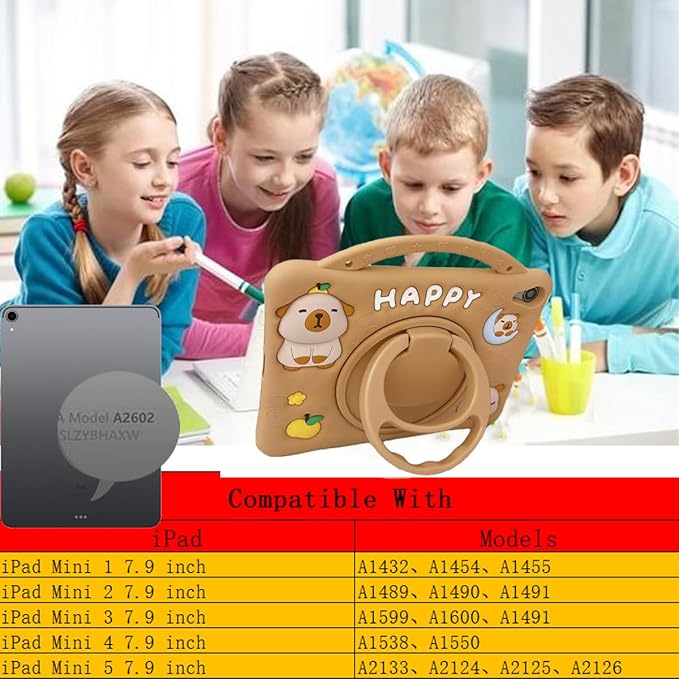 3D Kawaii Cute Press Capybara Case for iPad mini 1st 2nd 3rd 4th 5th Gen 7.9 inch,Cartoon Character Capybara Soft Silicone Rotating Stand Case with Lanyard for Kids Teens Girls Women