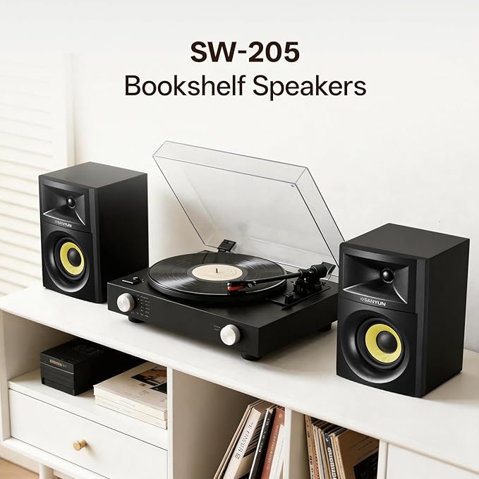 Sanyun SW205 4" 80W HiFi Bookshelf Speakers, 2.0 Active Near Field Studio Monitor, Upgraded 3D Sound Field, Flagship DAC & DSP, Geometric Diffusion Cabinet, Bluetooth 5.4/Optical/AUX, Black