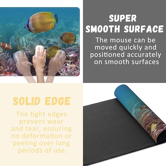 Large Mouse Pad Colourful Underwater World Exotic Fishes Extended Gaming Mouse Pad Non-Slip Desk Mat with Stitched Edge Laptop Computer Keyboard Mousepad for Office Home 35.4" x 15.7"