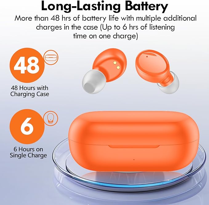 Lanteso True Wireless Bluetooth 5.4 Earbuds, 48H Playtime,Light Weight Headphones in Ear Buds Built in Mic Headset Premium Sound with Deep Bass,Clear Calls Earphones for Sports Workout Orange