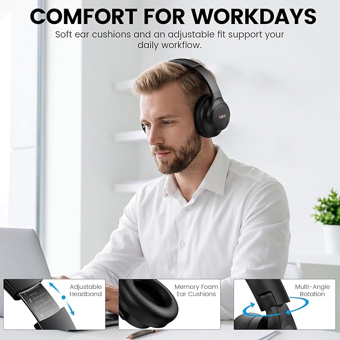 1Mii Y8+ Hybrid Active Noise Cancelling Headphones, 100H Playtime, Bluetooth 6.0 Over Ear LDAC Wireless Hi-Res Audio & Deep Bass, Comfortable for Travel Airplane Home Office, Custom EQ via APP, Black