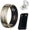 Smart Ring for Women Men, Tungsten Steel Fitness Tracker Ring with Sleep Monitoring, Heart Rate, Step Counting, No Subscription Fee, IP68 Waterproof for iPhone and Android(Black-Gold,#12)