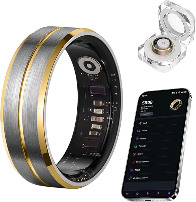 Smart Ring for Women Men, Tungsten Steel Fitness Tracker Ring with Sleep Monitoring, Heart Rate, Step Counting, No Subscription Fee, IP68 Waterproof for iPhone and Android(Black-Gold,#12)