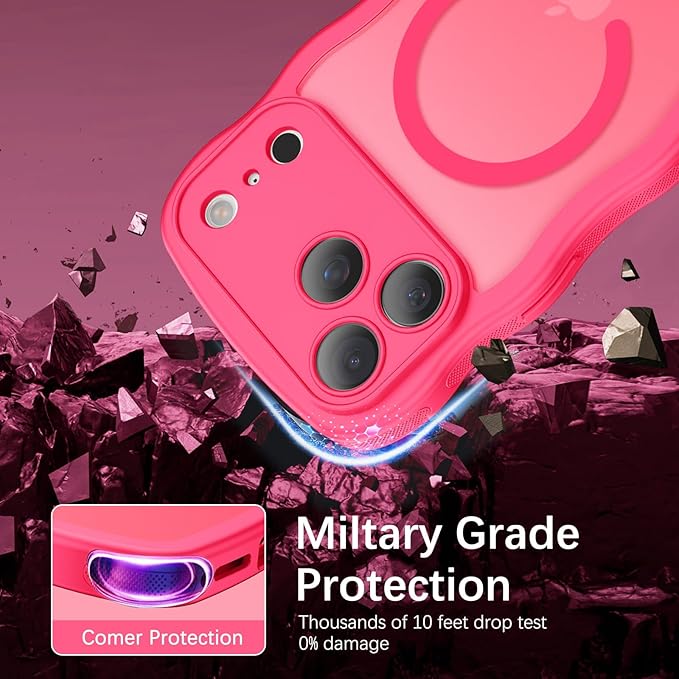 BENTOBEN Magnetic for iPhone 17 Pro Case, Cute Wavy Full Camera Protection [Compatible with MagSafe] Matte Anti-Slip Bumper Women Girls Boys Protective Cover for 17 Pro 6.3", Hot Pink