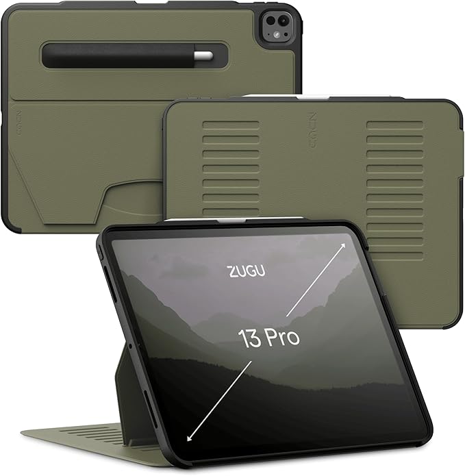 Zugu Case for iPad Pro 13 (M4/M5) 2024/2025, Slim Protective Cover with Apple Pencil Holder, Auto Wake/Sleep, Multiple Viewing Angles, iPad Pro 13 Inch Cover, Phone Protectors, Olive Green