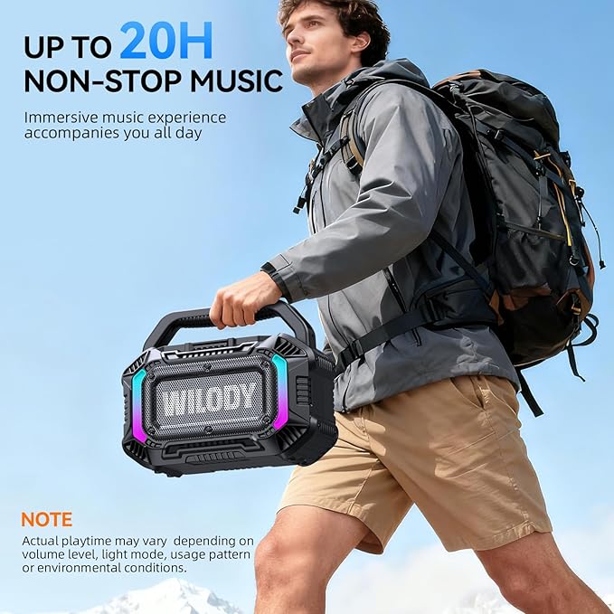 Wilody Speakers Bluetooth Wireless, 100W Loud Outdoor Speaker with Bass, IPX7 Waterproof Floatable, 20H Playtime, Wireless Charge, TWS, RGB Light, Portable Speaker for Work, Garage, Outdoor (Black)