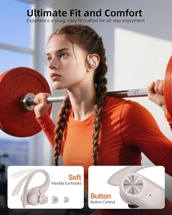 PocBuds Bluetooth Headphones Wireless Earbuds 80hrs Playtime Wireless Charging Case Digital Display Sport Ear Buds with Earhook Deep Bass IPX7 Waterproof Over-Ear Earphones for Phone Laptop Beige