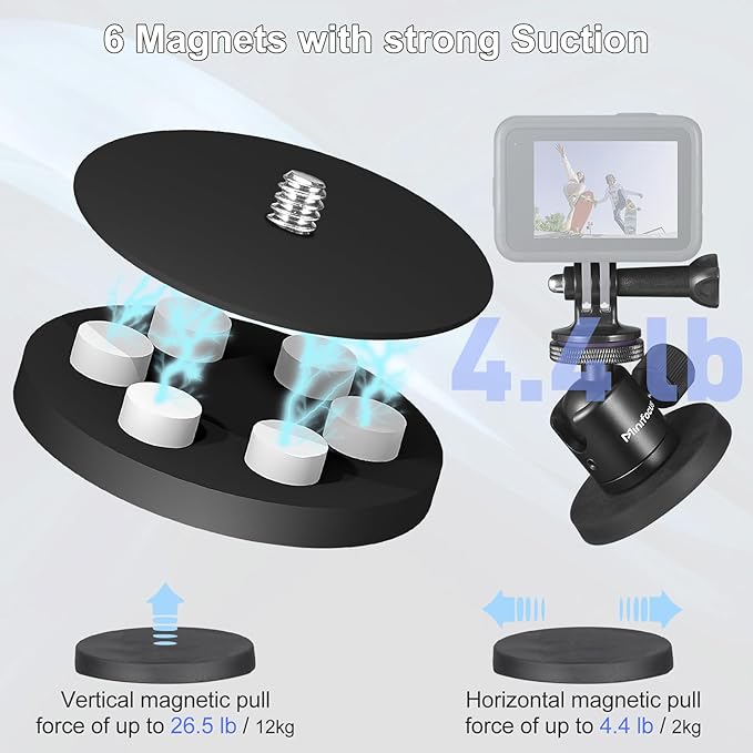 Magnetic Camera Mount for Action Camera, Super Strong Rubber Magnet with 360° Rotation Ball Head, 1/4"-20 Male Thread Screw, Magnet Camera Stand for GoPro, Insta 360, DJI Osmo Action Nano