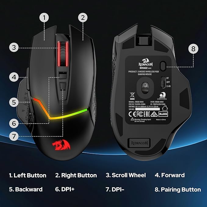 Redragon M690 MAX Wireless Gaming Mouse, Tri-Mode RGB Mice w/ 7 Macro Buttons, 12800 DPI, 400mAh Rechargeable Mouse for PC/Mac/Laptop