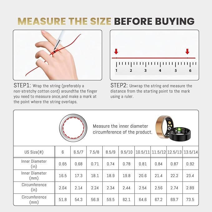 Smart Ring for Women Men, Health Tracker with Heart Rate/Blood Oxygen/Blood Pressure/Sleep Monitoring/Step Counting, IP68 Waterproof Fitness Ring, No App Fees for iPhone & Android (Black, 13#)