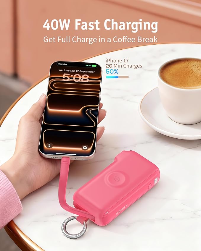 RORRY Flow Portable Charger, 10000mAh 40W Fast Charging Power Bank with Built-in USB C Cable and Foldable Wall Plug, Battery Pack Travel Essentials for iPhone 17/16/15, Apple Watch, iPad, MacBook