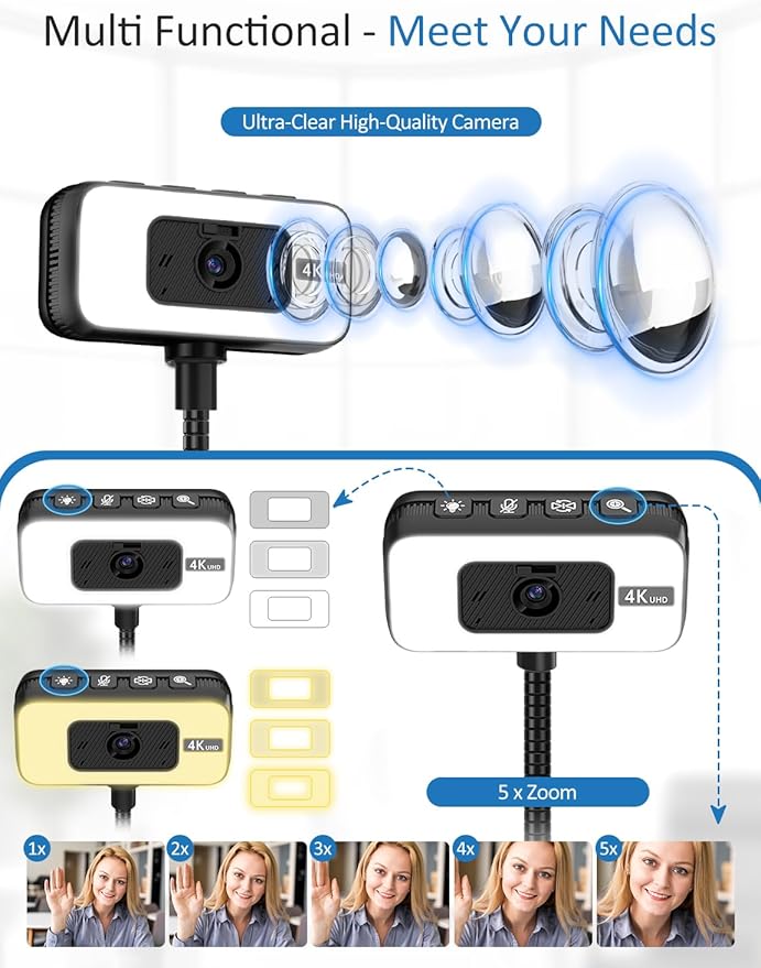 Webcam for PC, 4K Streaming Camera with Light, Web Camera for Desktop/Laptop Computer Webcam with Microphone, Plug and Play USB Web Cam with Bracket, for Live Streaming, Video Calls, and Meetings