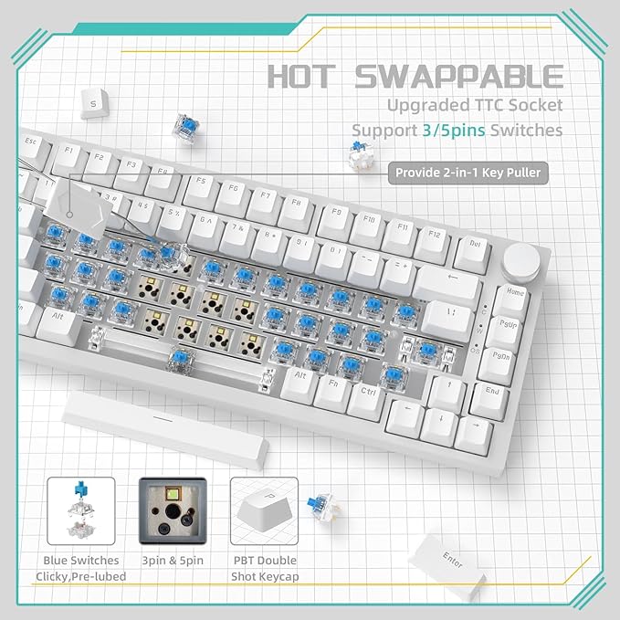 Attack Shark ajazz AK820 Wired Mechanical Gaming Keyboard with Volume Knob Hot Swappable 75% Gasket Keyboard 5-Layer Noise Absorbing Foam PBT Keycap Ice Blue Backlit Blue Switch for PC/Win/Mac-White
