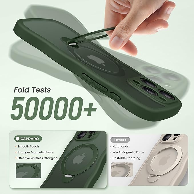CAPRARO for iPhone 13 Pro Case with 360° Spin Magnetic Stand for Women, [Compatible with MagSafe] [Full Camera Protection] Cute Wave Translucent Matte Case for iPhone 13 Pro, Dark Green