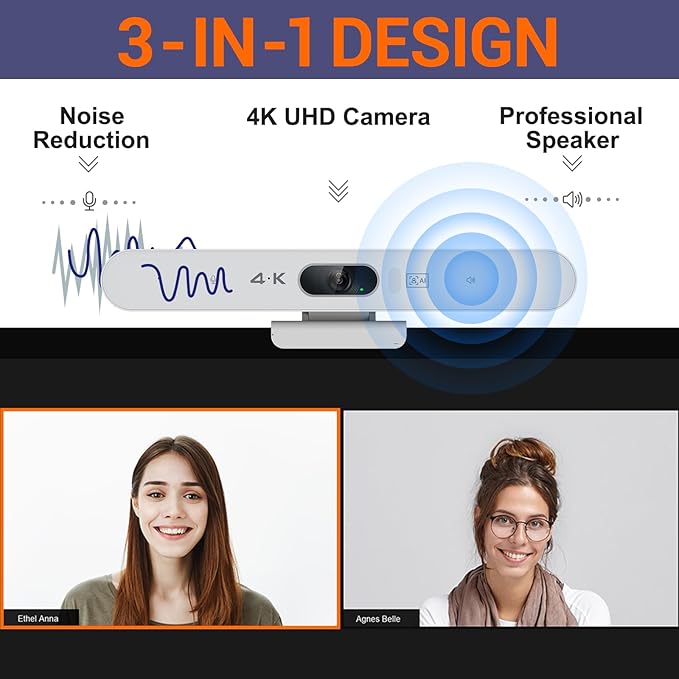 4K Video Conference Room Camera System with Remote Control, AI Auto Framing&Focus, Speaking Tracking, Digital Zoom, Webcam with Microphone and Speaker for Windows TV/PC/Laptop/Zoom/Teams/Skype