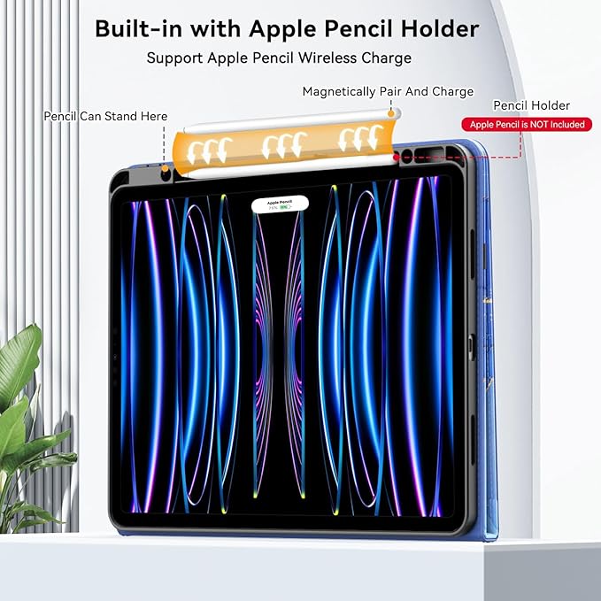 Zonefoker Case for New iPad Pro 12.9 inch 6th/5th/4th/3rd Generation 2022/2021/2020/2018, 12.9'' ipad Pro Leather Protective Cover 6/5/4/3 Gen with Pencil Holder, Auto Wake/Sleep, Marble Gary Blue