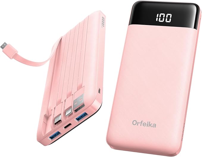 Orfeika Portable Phone Charger, 10000mAh Portable Charger Power Bank with Built-in Cables, Travel Essential Battery Pack Compatible with iPhone, Samsung, Google, iPads, Tablets, etc