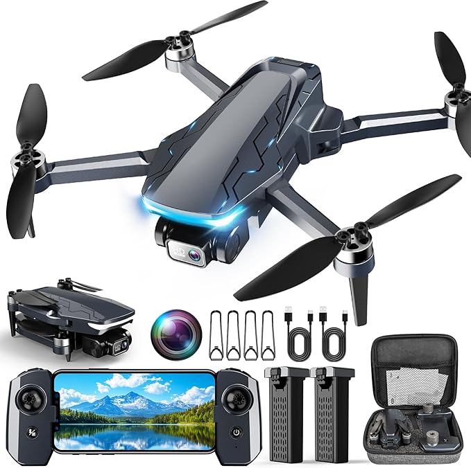 GPS Drone with Camera, 2K HD Drones for Adults, Foldable FPV Drone with GPS Auto Return, Follow Me, Circle Fly, Waypoint Fly, 5G Transmission, Gestures Selfie, Brushless Motor, 2 Batteries, Black