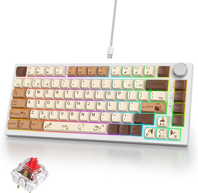 75% Mechanical Gaming Keyboard Coffee Cat, Hot Swappable RGB Backlit Cute Keyboard with Knob, Gasket Mount USB Wired Key Board, 82 Keys Linear Red Switch Keyboards (82 Coffee Cat)