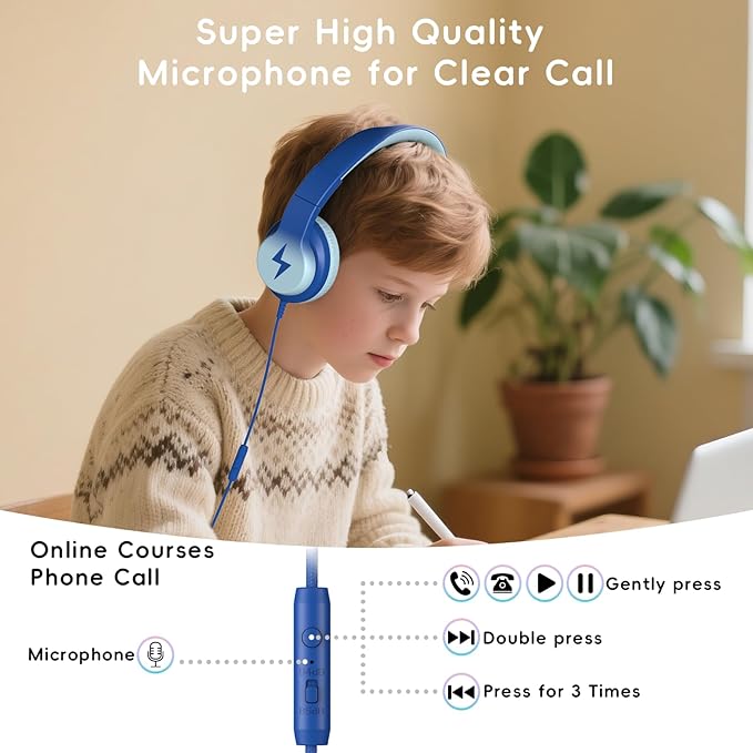 Candy Bila Kids Wired Headphones for Kids with Microphone, 85/94dB Volume Limiter Headphones for Girls Boys, Light Blue