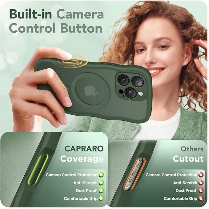 CAPRARO for iPhone 16 Pro Case for Women Girls, Upgraded [Full Camera Protection] [Compatible with MagSafe] Cute Wave Translucent Matte Phone Case for iPhone 16 Pro, Deep Green