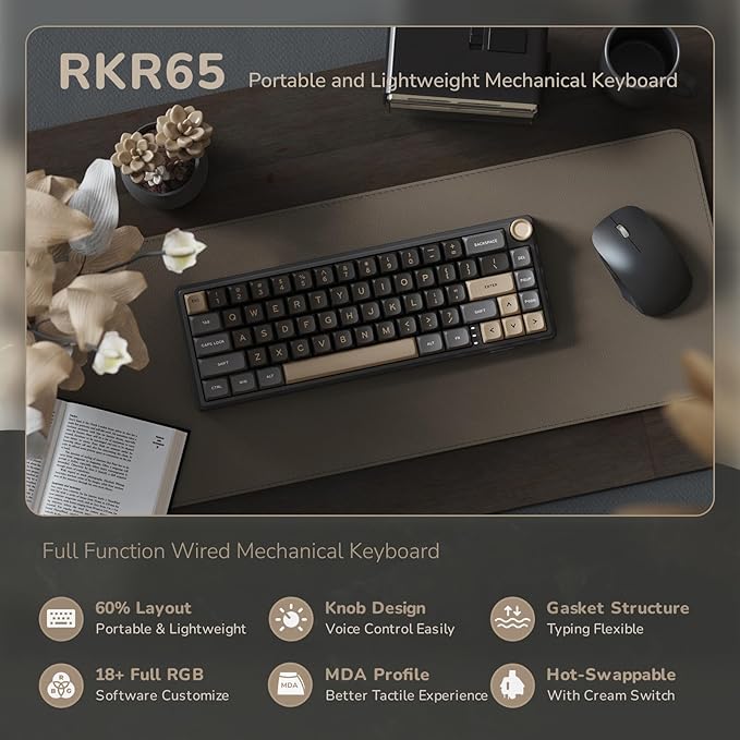 RK ROYAL KLUDGE R65 Wired Gaming Keyboard with Volume Knob, 60% Percent RGB Backlit Mechanical Keyboard Gasket Mount with PBT Keycaps, MDA Profile, QMK/VIA, 66 Keys Hot Swappable Cream Switch, Black