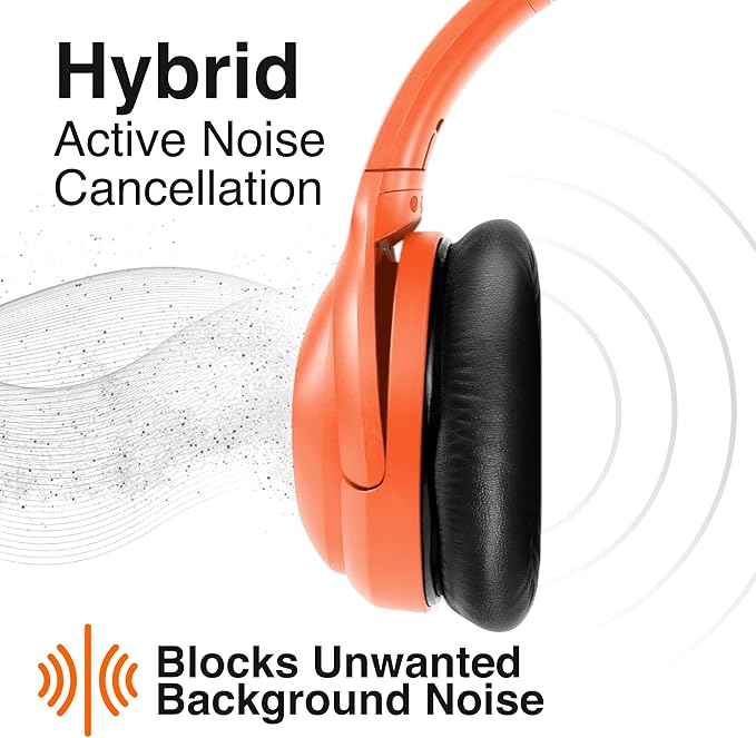 Puro Sound Labs PuroPro Universal Hybrid Active Noise Cancelling Headphones, Volume Limiting, Hi-Res Audio, 32h Playtime, Pc Wireless Headset with Mic, Over Ear Headphone for Travel & Work – Orange