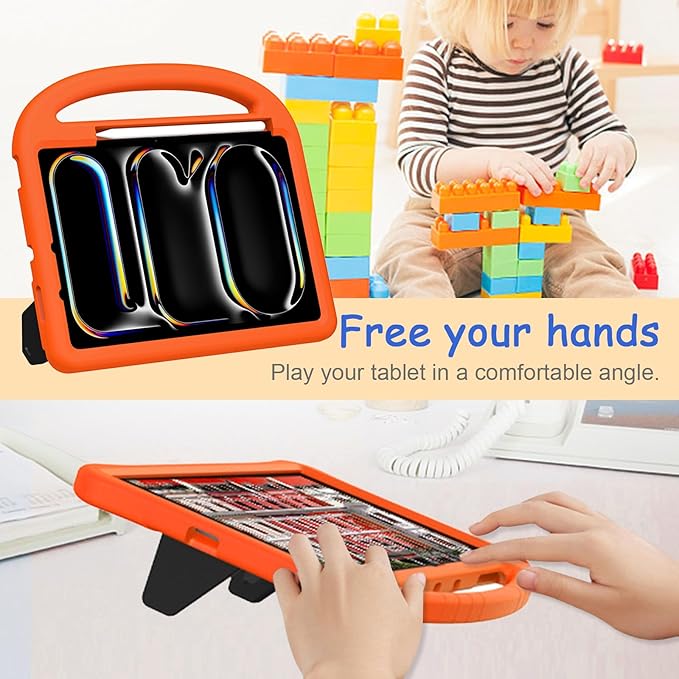 Kids Case for iPad Pro 11" M5 2025/M4 2024 & iPad Air 11" M3 2025/M2 2024, Techcircle Child Shock Proof EVA Protective [Support Pencil Charging] Handle Stand Cover, Orange