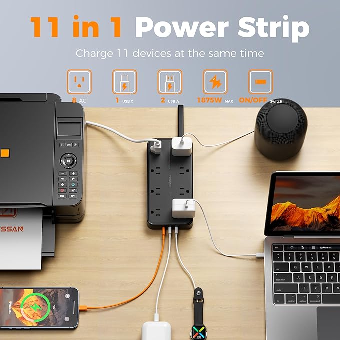 TESSAN Power Strip Surge Protector, 5FT Flat Plug Extension Cord with 8 Outlets 3 USB Charger(1 USB C), 2000 Joules Protection, Wall Mountable Charging Station for Home Office Dorm, Black