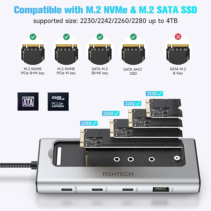 RSHTECH 5-in-1 USB C Hub with M.2 NVMe/SATA SSD Enclosure, 10Gbps USB Data Ports (1A + 2C) and 100W Power Delivery, Aluminum USB-C Dock Dongle for MacBook, Laptops and More