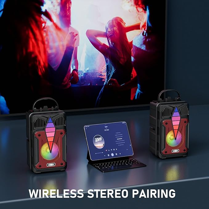 Portable Bluetooth Speaker with Voice-Controlled RGB Multi-Color Rhythm Lights, Supports TWS/USB/TF/FM/AUX, Suitable for Home Party or Outdoors (Red)