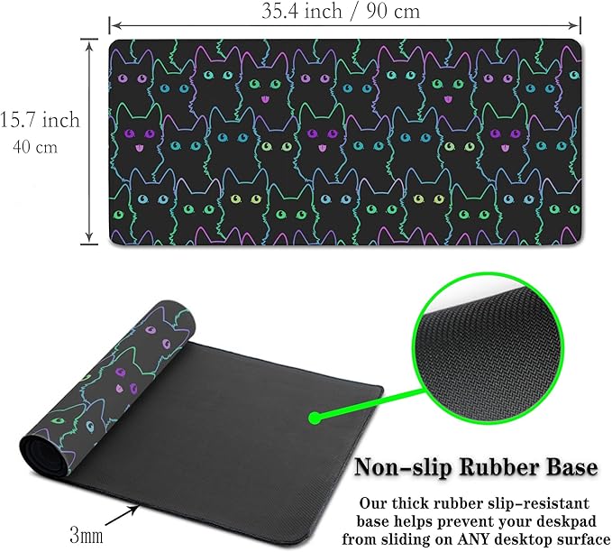Big Mouse Pad Black Purple The Desk Pad Computer Mouse Pads Keyboard Pads Deskmat Waterproof Non-Slip Rubber Base 35.4" X 15.7" for Game Office, Cartoon Cat with Neon Lines Design