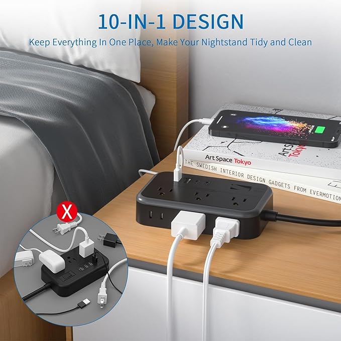 Extension Cord 25 Ft NTONPOWER Long Extension Cord with 6 Widely Spaced Outlet, Power Strip with 4 USB Port(2 USB-C), Wall Mount for Home Office, Dorm Room and Nightstand, Black