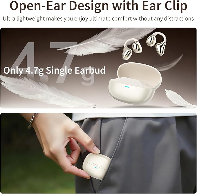 Open Ear Earbuds I5, Bluetooth 6.0 Headphones for Gym & Running, IPX5 Sweatproof, 36H Playtime, Secure Clip-On Fit for Work & Sports (5-Milky White)
