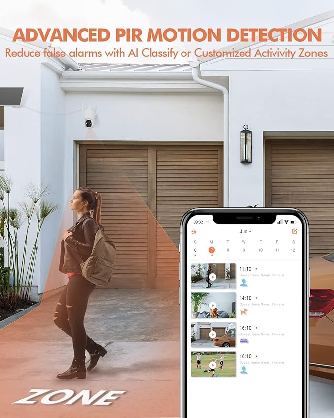 Dzees Security Cameras Wireless Outdoor, 2K Pan/Tilt 360° View Solar/Battery Powered WiFi Cameras for Home Security with AI Motion Detection,Color Night Vision, 2-Way Audio, SD/Cloud Storage - 2 Pack