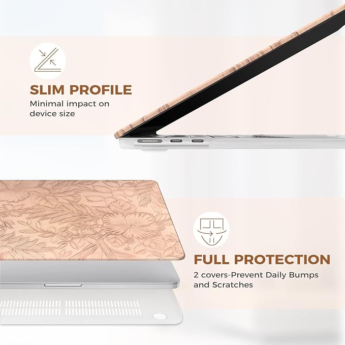 iCasso for MacBook Air 13 Inch Case M5 2026 2025-2022 A3449 M4 A3240 M3 A3113 M2 A2681, Retro Leather Hard Shell Case for MacBook Air 13.6 Inch+Keyboard Cover+Screen Protector, Pink Embossed Floral