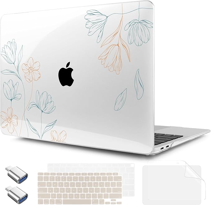 TWOLSKOO for MacBook Air 13.3 inch Case 2021 2020 2019 2018 Release M1 A2337 A2179 A1932 with Touch ID, Plastic Hard Shell Case & Keyboard Cover & Type C Adapter, Engraved Floral