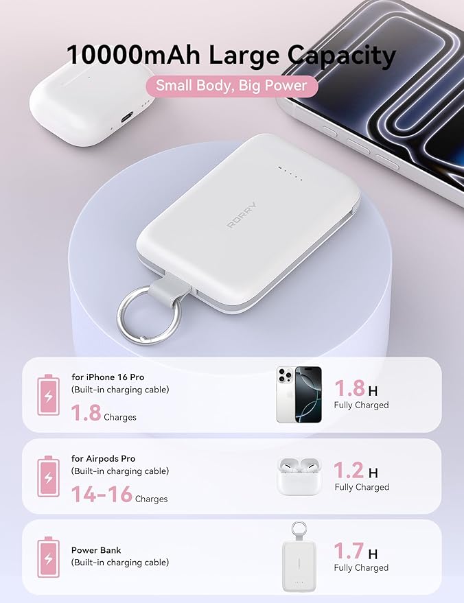 RORRY CharmGo Portable Charger, 10000mAh PD 30W Fast Charging Portable Charger Power Bank with Built-in Cables, Travel Keychain Charger Battery Pack for iPhone 17/16/15, for AirPods 2/3/4/Pro, Blue