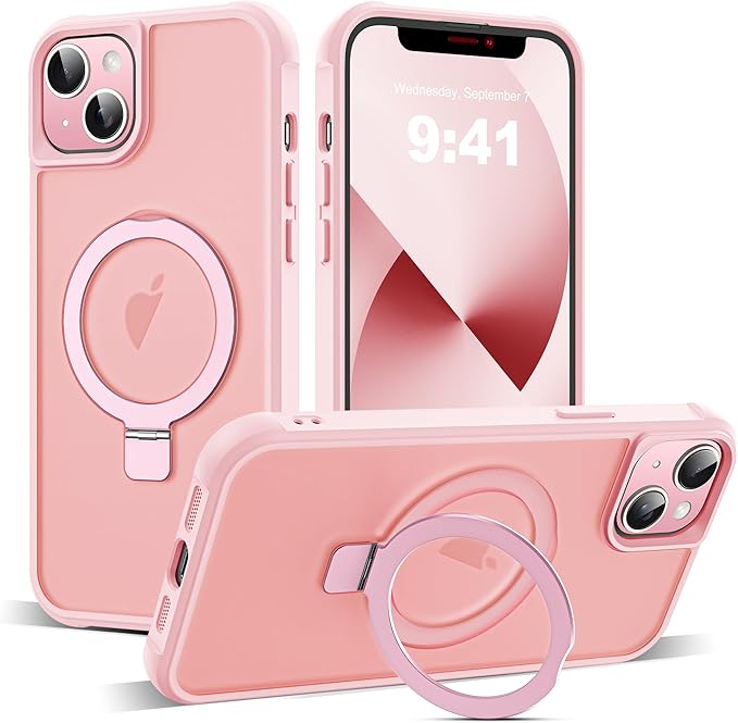 SKYLMW Compatible with iPhone 13 Case & iPhone 14 Case with Invisible Magnetic O-Ring Stand Translucent Phone Cases for 13 & 14 6.1" [Compatible with Mag-Safe][Great Grip Feeling], Pink