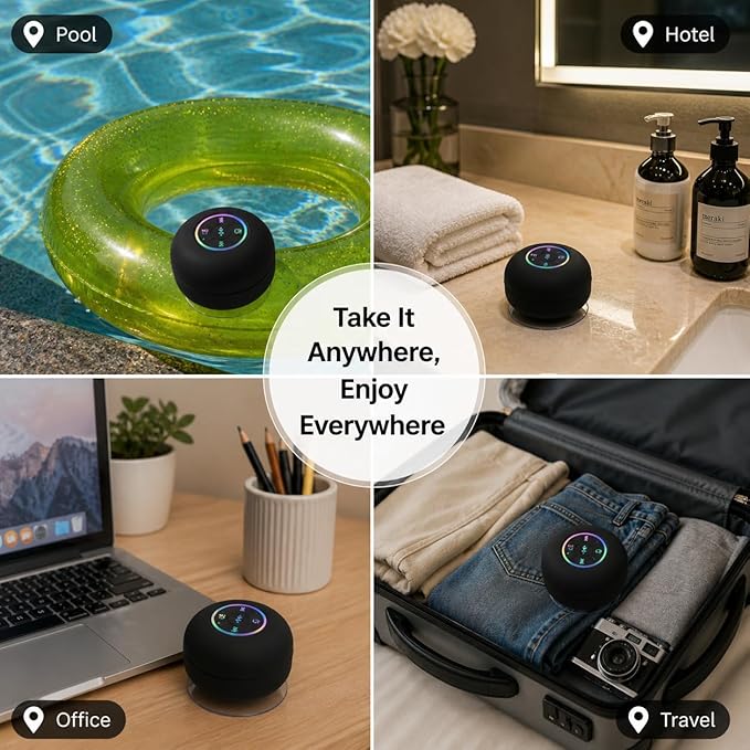 Bluetooth Shower Speaker with LED – Portable Wireless Mini Speaker with Mic & Suction Cup, IPX4 Water Resistant for Shower, Travel, Pool, River Floating, and Outdoor Fun (Black)