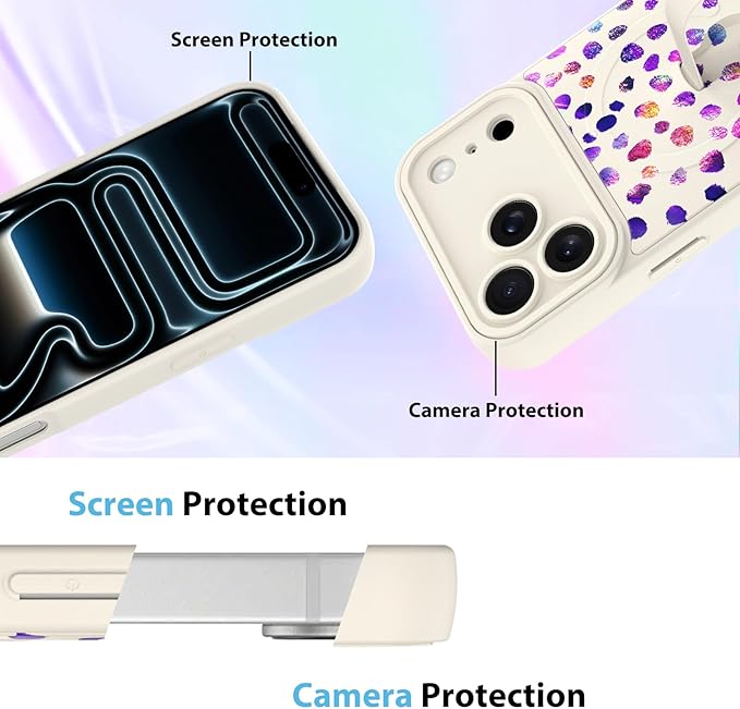 KANGHAR Compatible with iPhone 17 Pro Max Case, Support for MagSafe, Silicone Cute Iridescent Pattern Leopard Print Cheetah, Wristband Kickstand Shockproof Soft Slim Cover for Girls Women, White