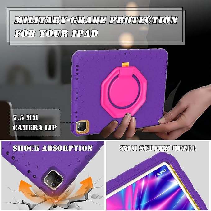 for iPad Pro 12.9 Case 3rd 4th 5th 6th Generation with Pencil Holder & 360° Rotating Handle Stand, New Cute Rugged Cover for iPad Pro 12.9 inch 2022/2021/2020/2018 - Purple